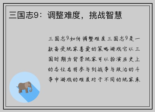 三国志9：调整难度，挑战智慧